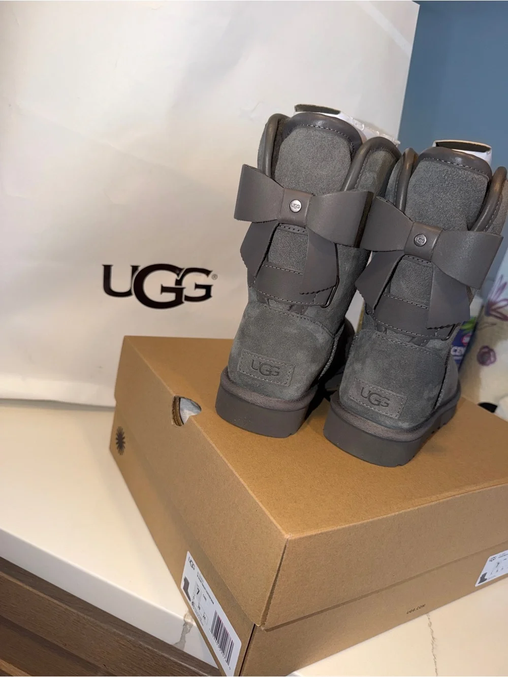 UGG Kids Charcoal Grey Bow-Back Suede Boots